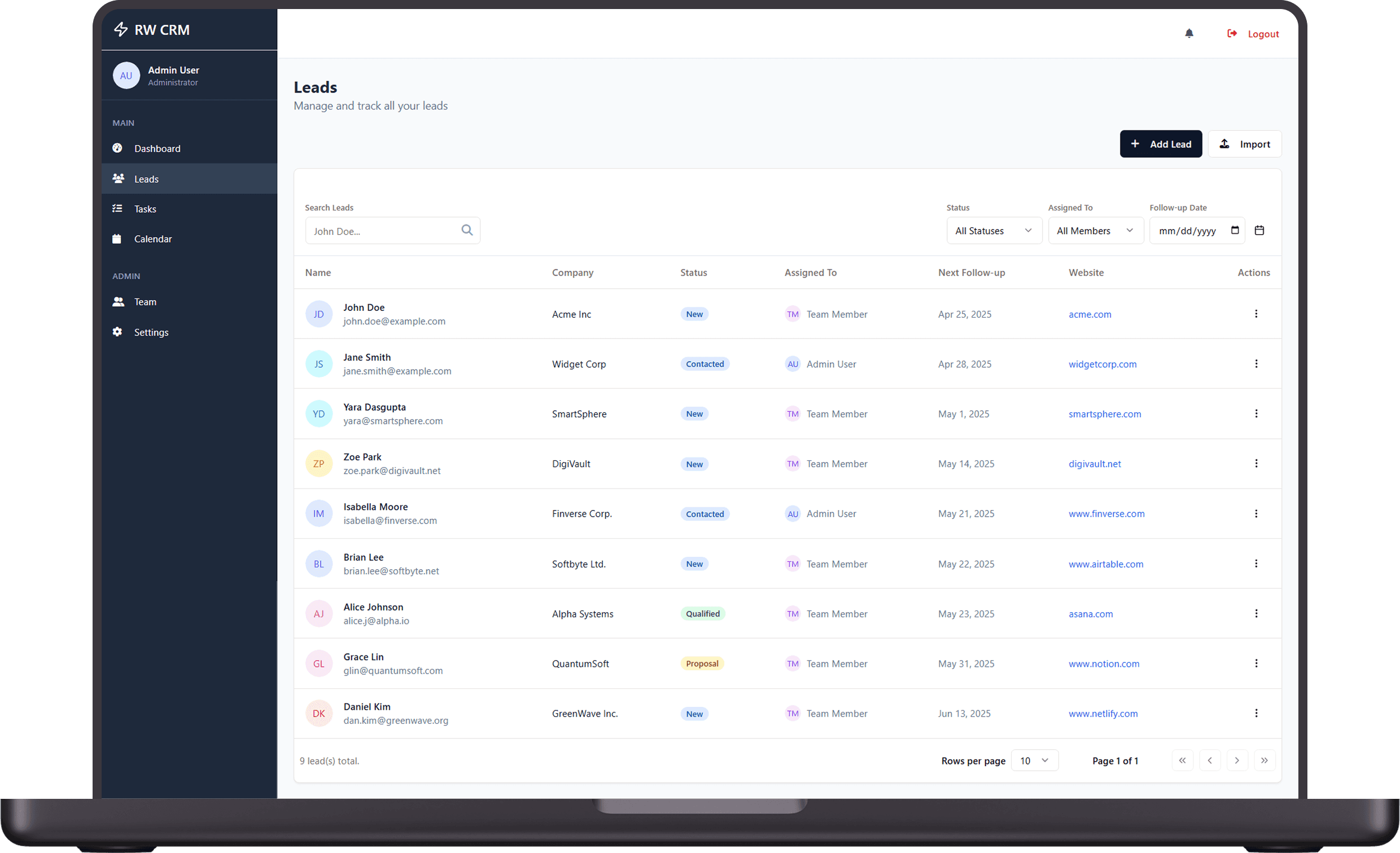 LeadTracker Leads Dashboard